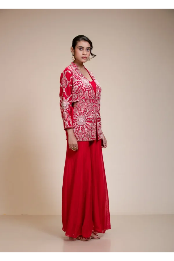 Red Palazzo Set with Heavily Embroidered Open Organza Jacket