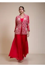 Red Palazzo Set with Heavily Embroidered Open Organza Jacket