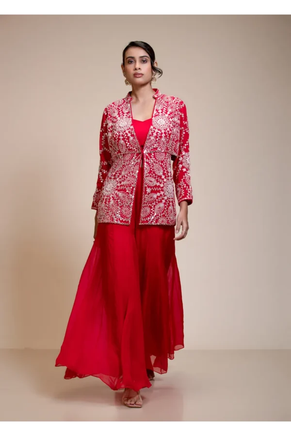 Red Palazzo Set with Heavily Embroidered Open Organza Jacket