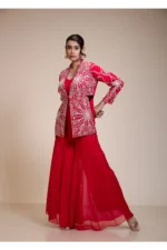 Red Palazzo Set with Heavily Embroidered Open Organza Jacket