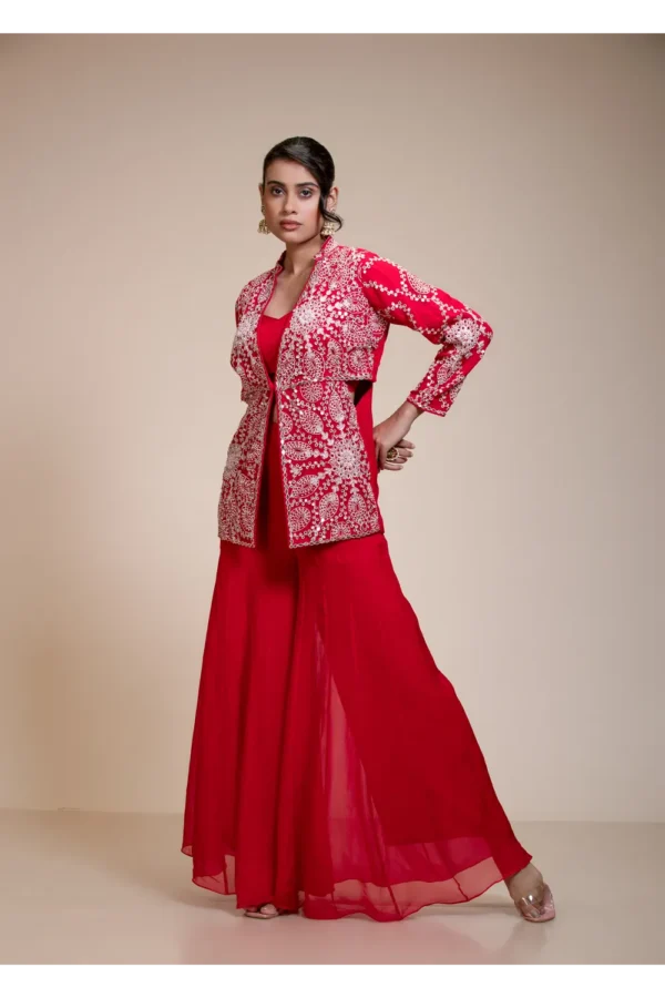 Red Palazzo Set with Heavily Embroidered Open Organza Jacket