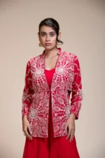 Red Palazzo Set with Heavily Embroidered Open Organza Jacket