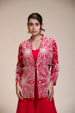 Red Palazzo Set with Heavily Embroidered Open Organza Jacket