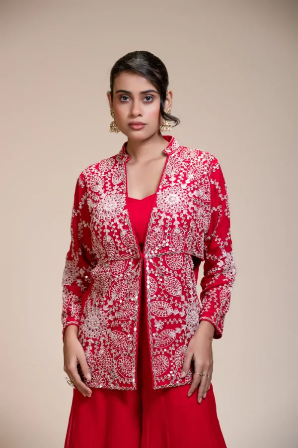 Red Palazzo Set with Heavily Embroidered Open Organza Jacket