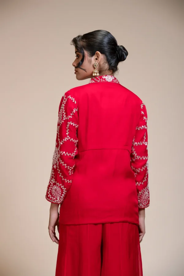 Red Palazzo Set with Heavily Embroidered Open Organza Jacket