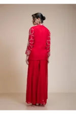 Red Palazzo Set with Heavily Embroidered Open Organza Jacket