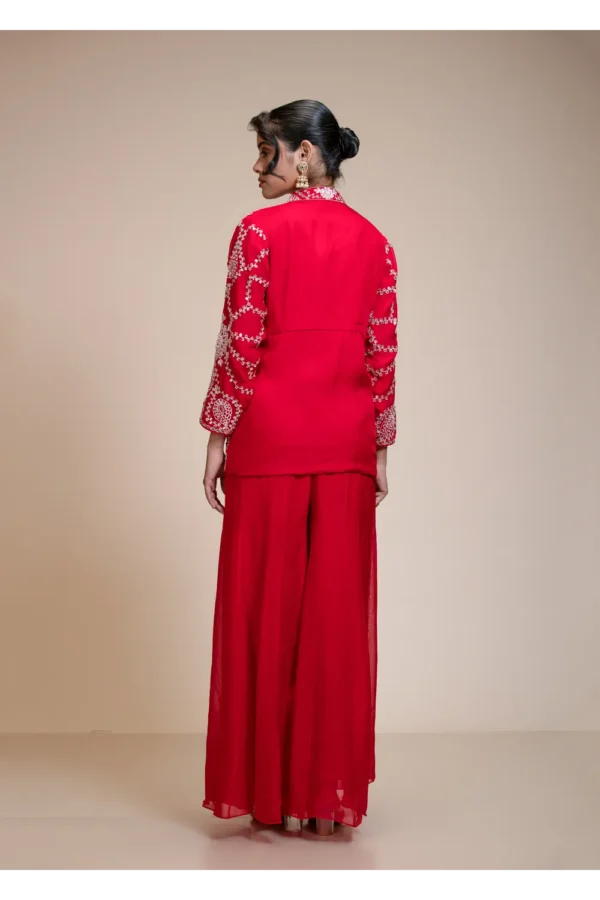 Red Palazzo Set with Heavily Embroidered Open Organza Jacket