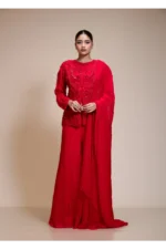 Monochrome Red Embroidered Top with Flared Palazzo Set