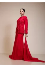 Monochrome Red Embroidered Top with Flared Palazzo Set