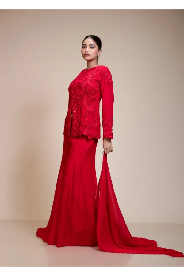 Monochrome Red Embroidered Top with Flared Palazzo Set