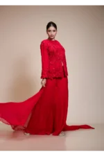 Monochrome Red Embroidered Top with Flared Palazzo Set