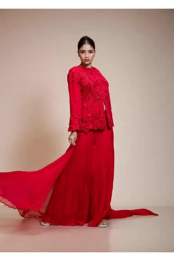 Monochrome Red Embroidered Top with Flared Palazzo Set