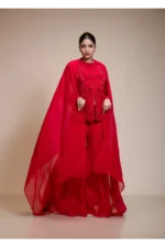 Monochrome Red Embroidered Top with Flared Palazzo Set