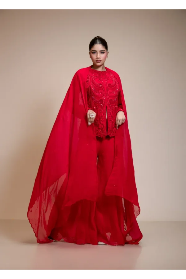 Monochrome Red Embroidered Top with Flared Palazzo Set