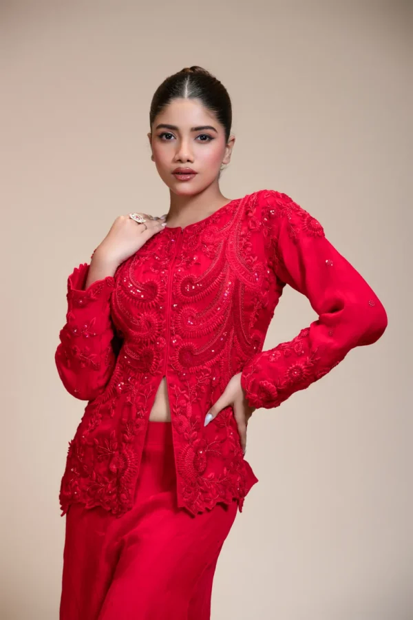 Monochrome Red Embroidered Top with Flared Palazzo Set