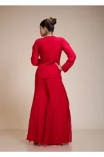 Monochrome Red Embroidered Top with Flared Palazzo Set