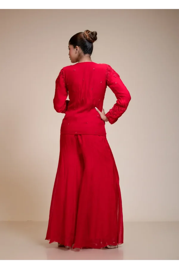 Monochrome Red Embroidered Top with Flared Palazzo Set