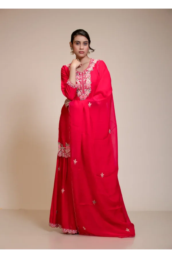 Rani Pink Kurta Gharara Dupatta Set with Floral Embroidery