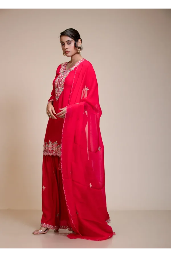 Rani Pink Kurta Gharara Dupatta Set with Floral Embroidery