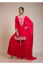 Rani Pink Kurta Gharara Dupatta Set with Floral Embroidery
