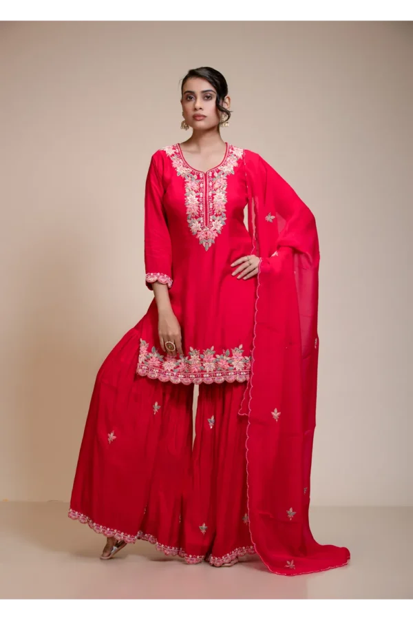 Rani Pink Kurta Gharara Dupatta Set with Floral Embroidery