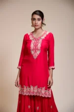 Rani Pink Kurta Gharara Dupatta Set with Floral Embroidery
