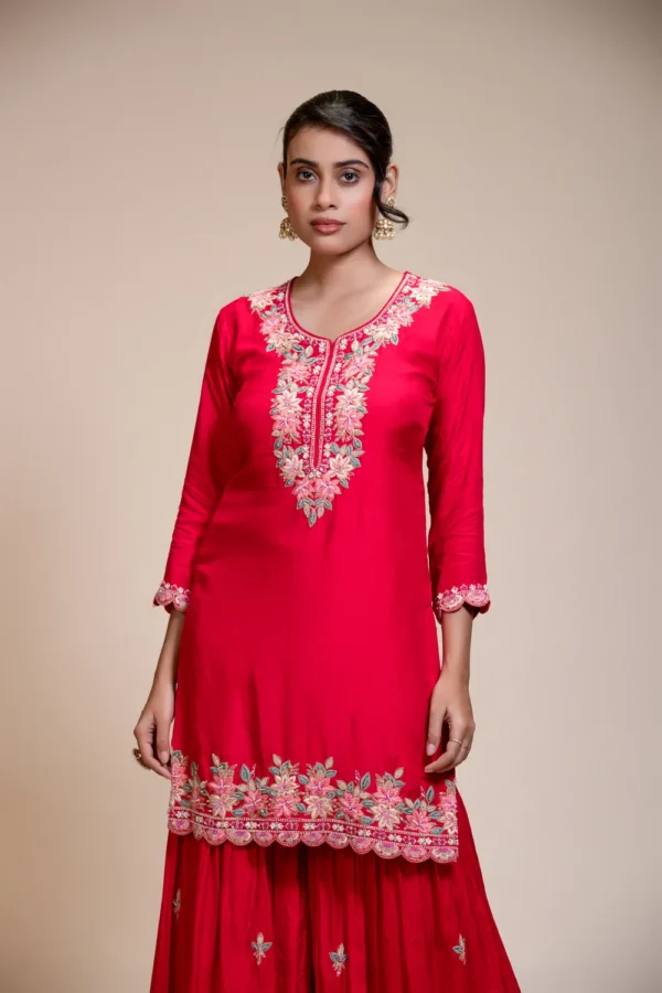 Rani Pink Kurta Gharara Dupatta Set with Floral Embroidery