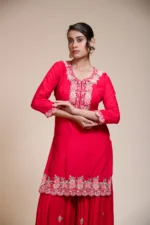 Rani Pink Kurta Gharara Dupatta Set with Floral Embroidery