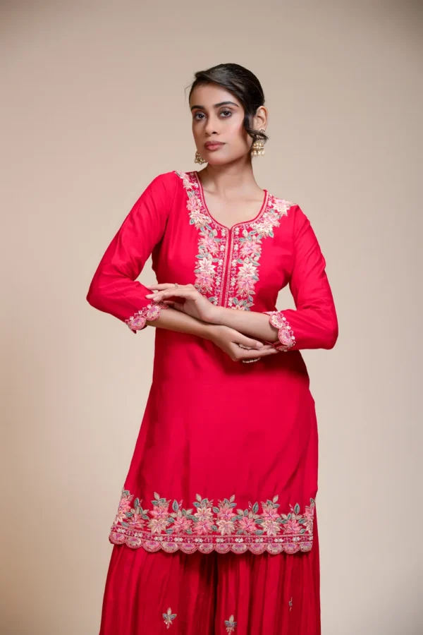 Rani Pink Kurta Gharara Dupatta Set with Floral Embroidery