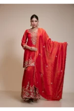 Rust Orange Kurta Gharara Dupatta Set with Floral Embroidery