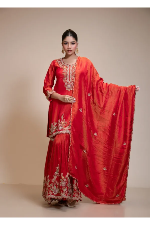Rust Orange Kurta Gharara Dupatta Set with Floral Embroidery