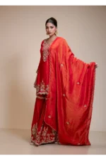 Rust Orange Kurta Gharara Dupatta Set with Floral Embroidery
