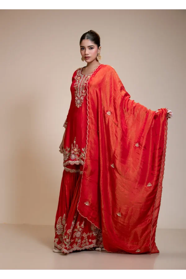Rust Orange Kurta Gharara Dupatta Set with Floral Embroidery