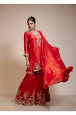 Rust Orange Kurta Gharara Dupatta Set with Floral Embroidery