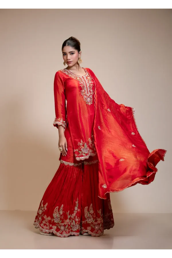 Rust Orange Kurta Gharara Dupatta Set with Floral Embroidery