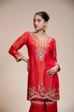 Rust Orange Kurta Gharara Dupatta Set with Floral Embroidery