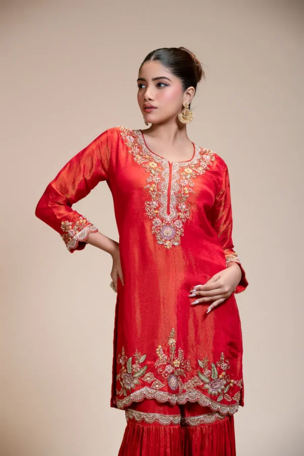 Rust Orange Kurta Gharara Dupatta Set with Floral Embroidery