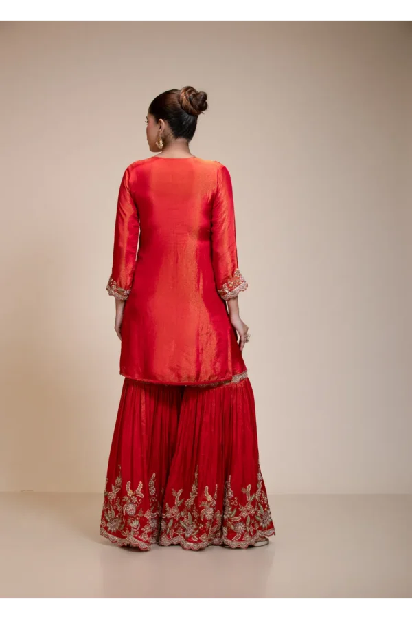 Rust Orange Kurta Gharara Dupatta Set with Floral Embroidery