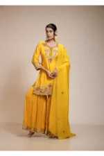 Mustard Yellow Kurta Gharara Dupatta Set with Floral Embroidery