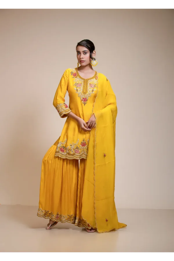 Mustard Yellow Kurta Gharara Dupatta Set with Floral Embroidery
