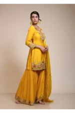 Mustard Yellow Kurta Gharara Dupatta Set with Floral Embroidery