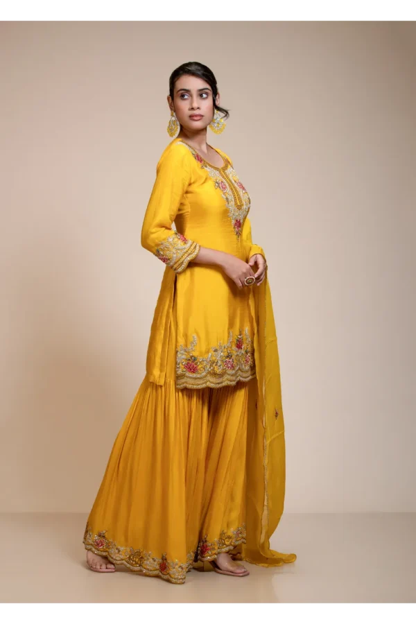 Mustard Yellow Kurta Gharara Dupatta Set with Floral Embroidery