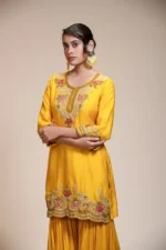 Mustard Yellow Kurta Gharara Dupatta Set with Floral Embroidery