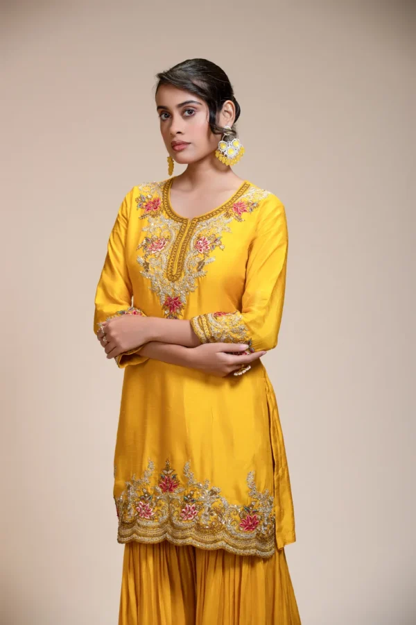 Mustard Yellow Kurta Gharara Dupatta Set with Floral Embroidery