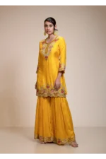 Mustard Yellow Kurta Gharara Dupatta Set with Floral Embroidery