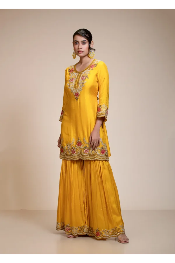 Mustard Yellow Kurta Gharara Dupatta Set with Floral Embroidery