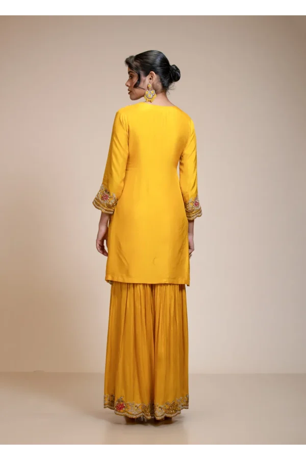 Mustard Yellow Kurta Gharara Dupatta Set with Floral Embroidery
