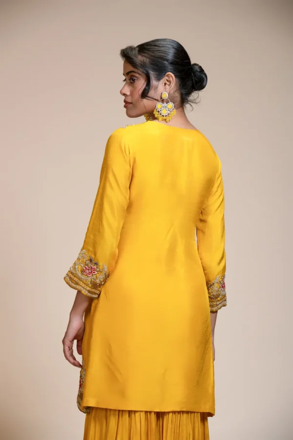 Mustard Yellow Kurta Gharara Dupatta Set with Floral Embroidery