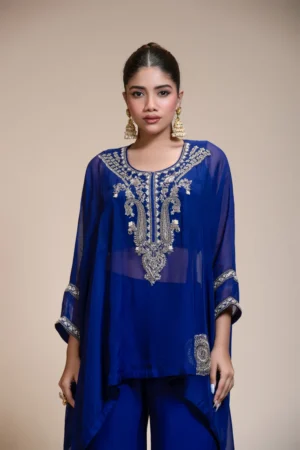 Royal Blue Kaftan Tunic & Embroidered Palazzo Ensemble