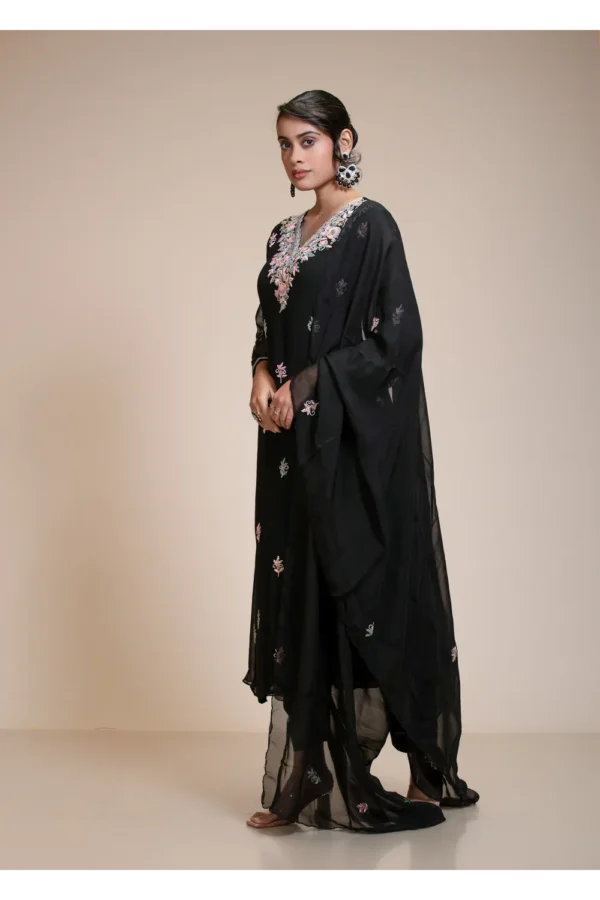 Black Embroidered Organza Kurta Set with Pastel Floral Embroidery